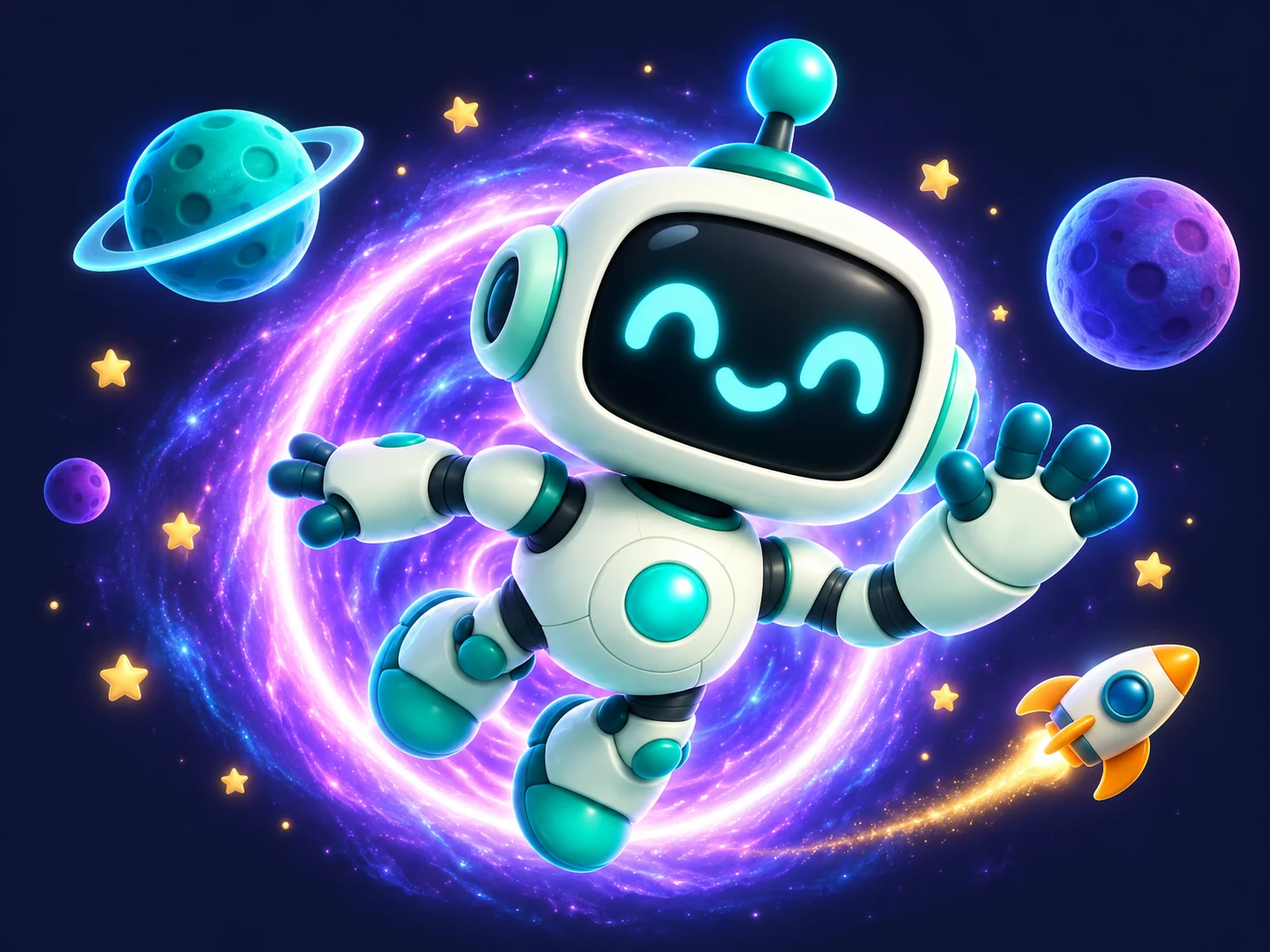 Bit, o robô companheiro do Leve Code, em uma aventura pelo espaço entre planetas e estrelas.